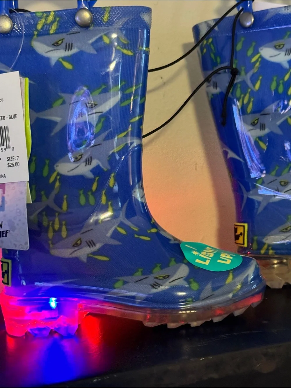 Western Chief Shark Swim Light Up Rain Boots Kids Size 7 Blue NWT Waterproof